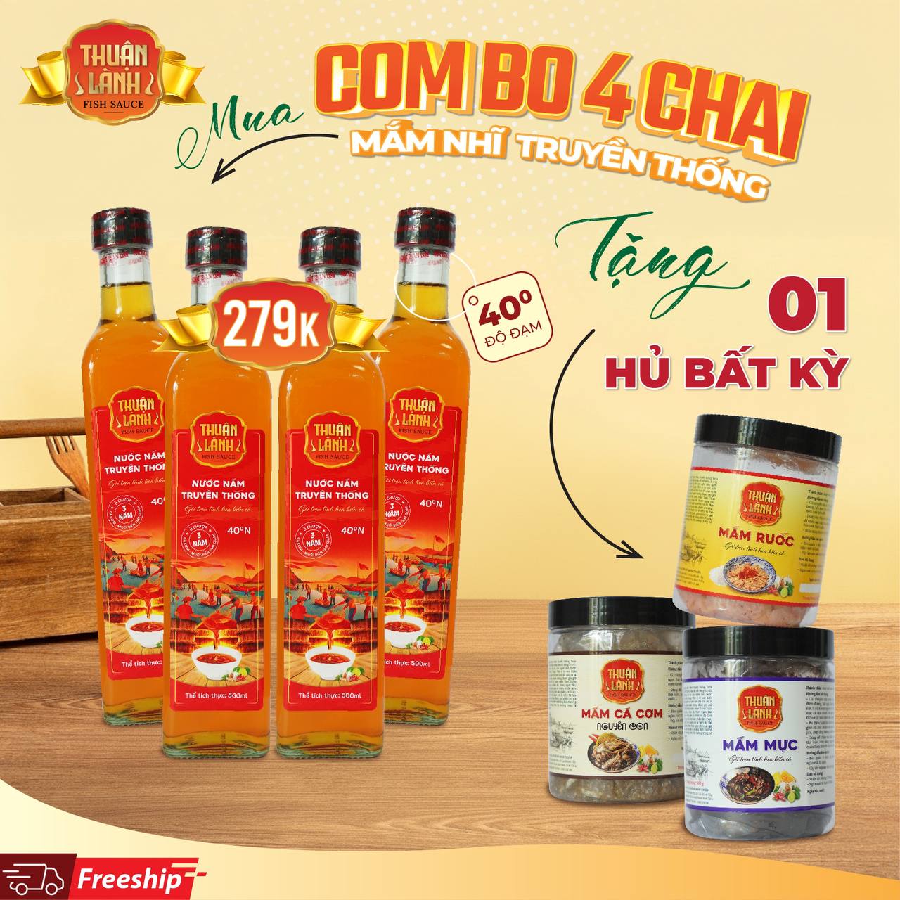 Combo 4 Chai Nước Mắm Thuận Lành 40°N – Cá Cơm Muối Biển